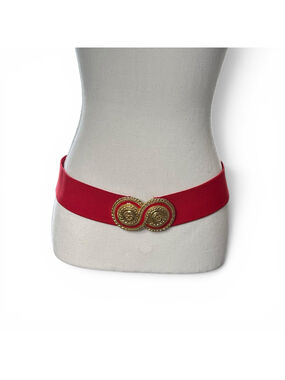 Vintage Red Stretch Belt Gold Medallion Buckle 80s Statement Waist Belt Retro